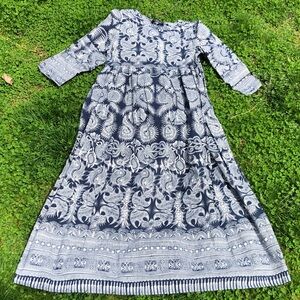 Blue & White Printed Maxi Dress with Three-Quarter Sleeves